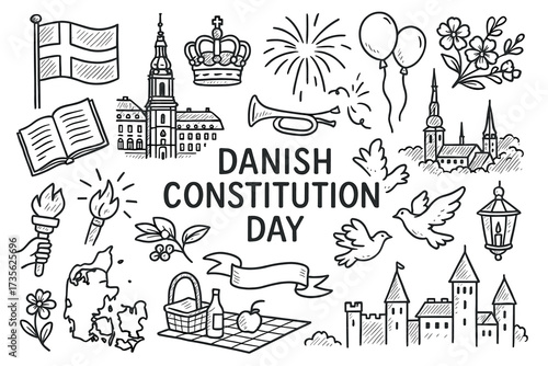 Danish constitution day celebration - flags, crowns, doves, fireworks, and castles