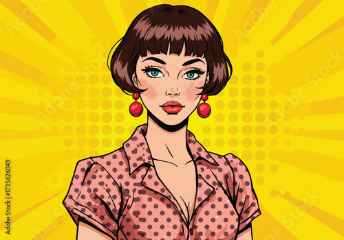 A stylized pop art illustration of a woman with short brown hair, wearing a polka dot shirt and red earrings.
