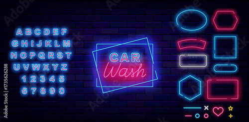Car wash neon label. Auto clean service. Glowing emblem on brick wall. Vector stock illustration