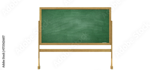 Green chalkboard with a wooden frame standing against a ready for writing or drawing in a classroom or educational setting