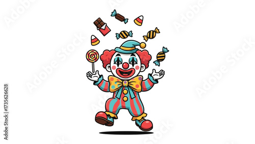Canvas Print Colorful Carnival Clown with Confections: This captivating illustration depicts a cheerful clown, resplendent in vibrant attire, juggling a delightful array of candies, sweets