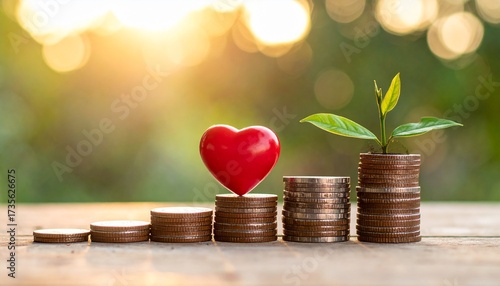 Heart shape resting atop a stack of coins next to a young plant. A visual metaphor for growth, investment, and caring.