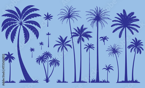 A collection of palm tree silhouettes in solid black. Includes various tropical palm shapes such as coconut palms, date palms, and decorative short palms. Isolated on a white background, minimal flat 