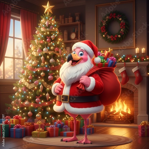 Flamingo santa claus and christmas tree.