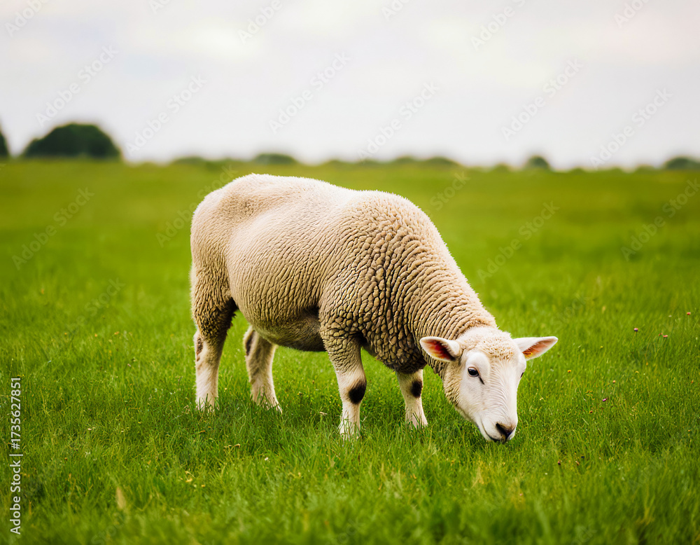 Obraz premium Close-up of a single sheep grazing on lush green grass in a rural field, with blurred trees in the background and soft natural light highlighting its woolly coat and peaceful posture.