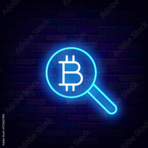 Bitcoin in magnifier glass neon icon. Blockchain technology. Crypto currency exchange. Vector stock illustration