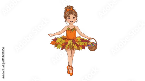 Autumn Ballerina: A young ballerina, dressed in an autumnal ensemble of warm orange and vibrant leaf-like tones, twirls gracefully with a basket in hand, a charming display of elegance.