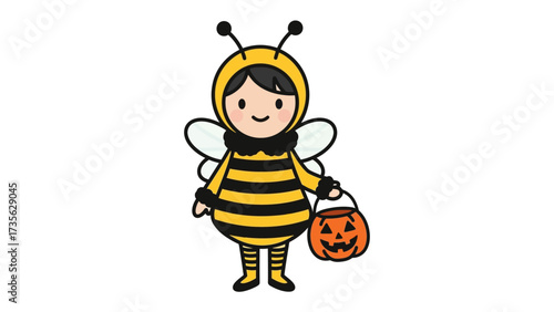 Bee-utiful Halloween: A cheerful child dressed as a bumblebee holding a carved pumpkin, ready for trick-or-treating. This digital illustration encapsulates the playful spirit of the season.