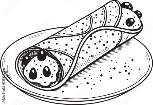 Cannoli Dessert Hand-drawn Sketch Drawing Vector Illustration, Line Linear Symbol Engraving Coloring Book, Black and White Isolated