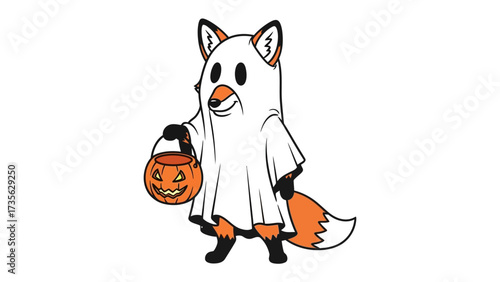Fox in Costume: A cartoonish fox in a ghostly white costume, playfully holding a carved pumpkin lantern. The scene captures a whimsical and festive spirit, ideal for Halloween projects