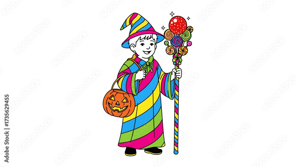 Naklejka premium Wizard's Colorful Parade: A cartoon illustration of a joyful young wizard, wearing vibrant striped robes, cheerfully marching with a pumpkin-shaped treat bag and a whimsical staff.