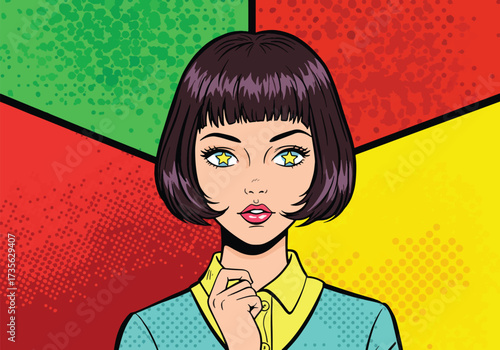 A pop art illustration of a woman with short brown hair, looking forward with a surprised expression.