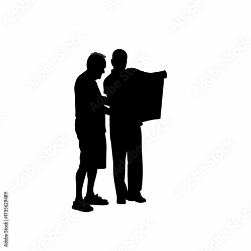 Silhouette of an elder receiving help to read a poster isolated on white background