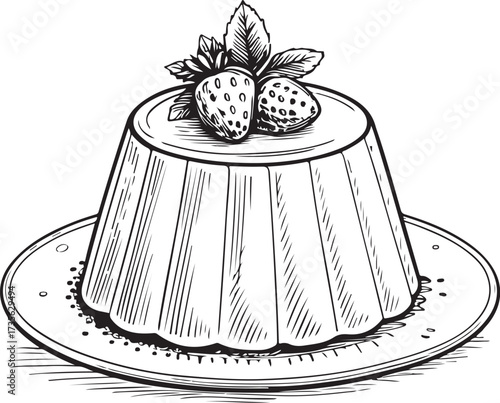 Panna cotta Dessert Hand-drawn Sketch Drawing Vector Illustration, Line Linear Symbol Engraving Coloring Book, Black and White Isolated
