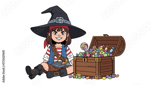 Adorable Pirate with Candy Treasure: A charming illustration of a young, gleeful pirate girl, perched beside a treasure chest overflowing with colorful candy.
