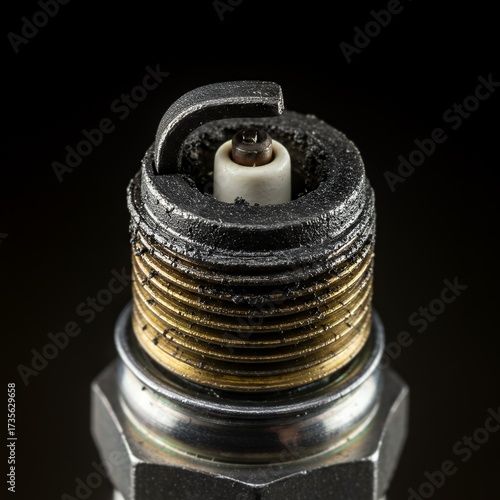 Close-up macro photograph of a worn and fouled spark plug, showing carbon buildup and damage to the electrode.