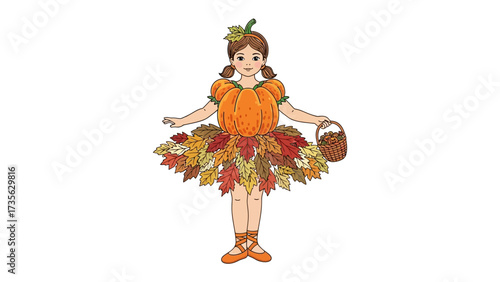 Autumn's Embrace: A charming illustration captures a young girl dressed as a radiant pumpkin fairy, adorned with autumn leaves, embodying the spirit of the season and fall's harvest.