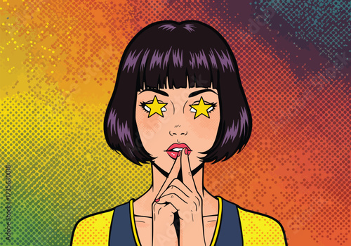 Pop art style illustration of a woman with star eyes holding a finger to her lips.