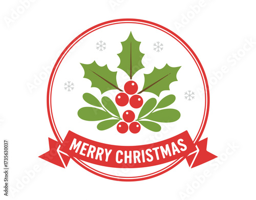 Holly berry vector graphic. A Merry Christmas symbol depicted in an illustration, set against a white background. Flat red mistletoe berries accompanied by green leaves.
