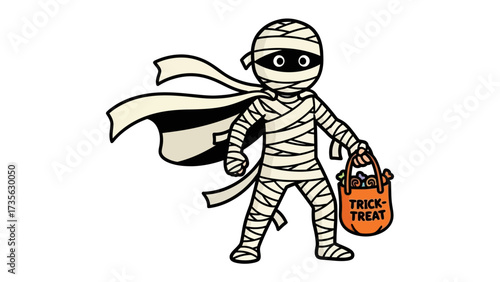 Heroic Mummy: A costumed figure, wrapped in bandages and cape, with a Trick or Treat bag, exuding fun and a bit of mystery, ready for Halloween.