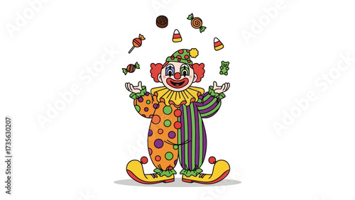 Clown Juggling Sweets: A cheerful cartoon clown expertly juggles sweets and candies, bringing a festive mood, and delighting the audience.