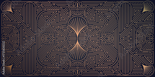 Elegant abstract vector background with geometric Art Deco lines, golden ornaments, vintage arabesque pattern, royal luxury style. Premium card, wedding invitation, party template, packaging, Gatsby m
