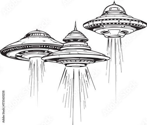 Black and white UFO illustration with flying saucers emitting beams extraterrestrial sci‑fi vector design