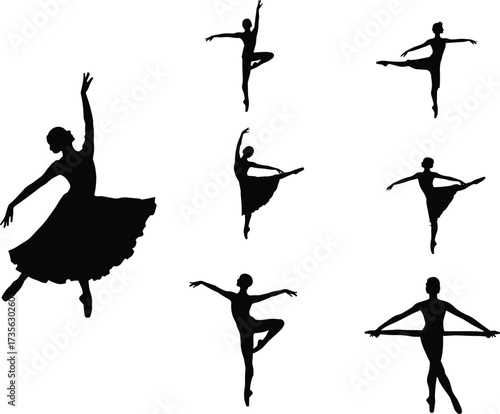 Ballet dancer silhouettes, graceful poses, flowing skirt, expressive movement, dance elegance, classical art, white background, motion study, stage performance