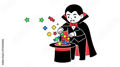 Magician Vampire Magic: An enchanting illustration of a cartoon vampire, impeccably dressed in a formal suit, conjuring colorful candies and shapes from his top hat.