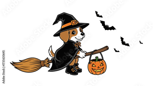 Happy Halloween: A playful puppy, donned in a witch costume, soars through the night on a broom, holding a jack-o'-lantern. This whimsical scene captures the essence of Halloween fun and frolics.