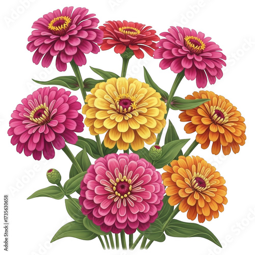Vibrant bouquet of mixed color zinnias with lush green leaves and stems artistic arrangement
