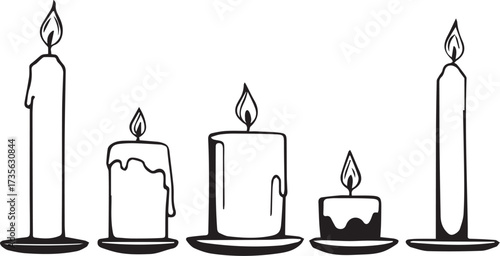 Black and white vector illustration of five lit candles with wax drips on circular bases in varied shapes