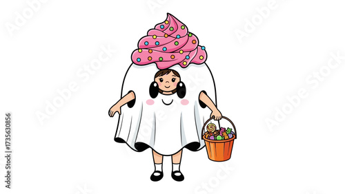 Bild auf Leinwand Dessert Costume Delight: A charming child, adorably dressed as a cupcake, embodies the sweetness and joy of festive occasions, holding a basket of treats, radiating charm