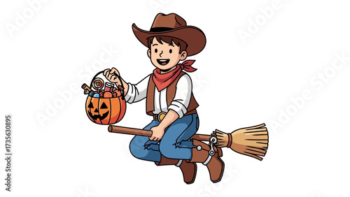 Cowboy Kid Halloween Adventure: A young cowboy, a whimsical blend of Halloween spirit, rides a magical broom through the air while clutching a jack-o'-lantern overflowing with treats.