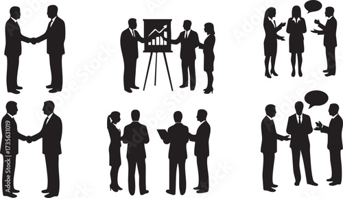Business Meeting and Handshake Silhouettes Vector Icon Set