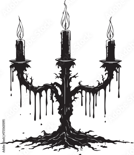 Black and white vector illustration of gothic candelabrum with three dripping candles and eerie sketch flames