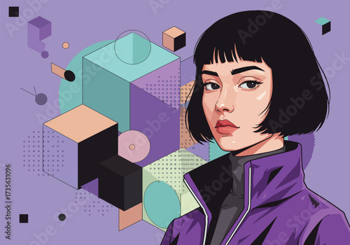 A stylized portrait of a woman with short black hair, wearing a purple jacket, against an abstract geometric background.