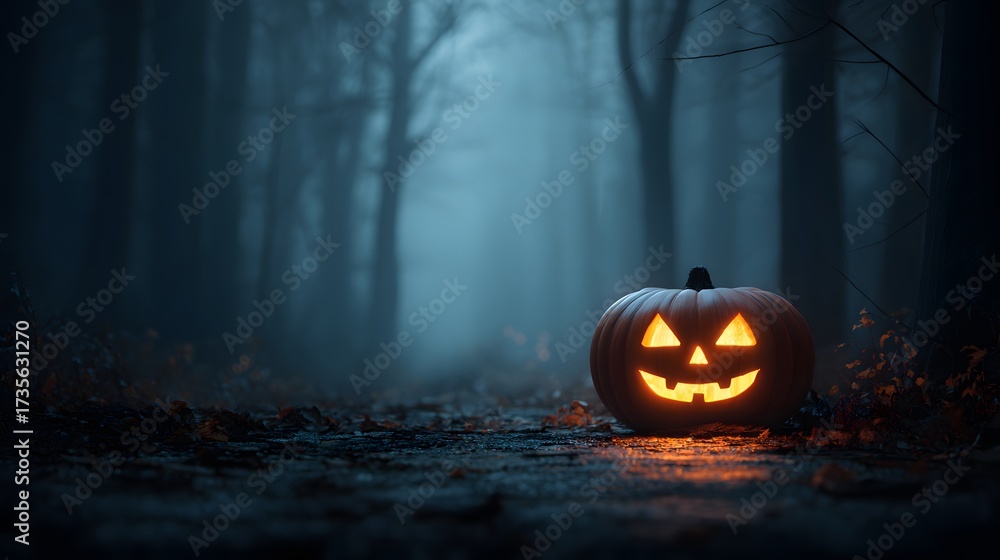 Naklejka premium Creepy jack-o’-lantern on the ground in darkness. Glowing Halloween pumpkin in the misty woods