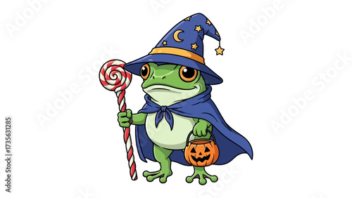 Wizard Frog's Halloween: A whimsical frog in a wizard's hat and cloak holds a candy cane wand and a jack-o'-lantern treat bucket, ready for Halloween.