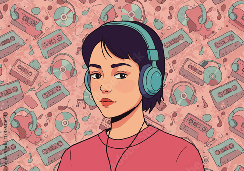 A young woman wearing headphones, listening to music, with a retro pattern background.