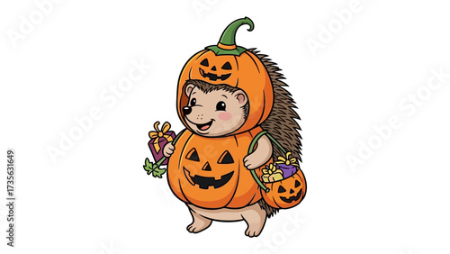 Halloween Hedgehog in Pumpkin Costume: A delightful hedgehog dressed up in a pumpkin costume for Halloween, holding gifts and treats, symbolizing the spirit of autumnal celebrations.