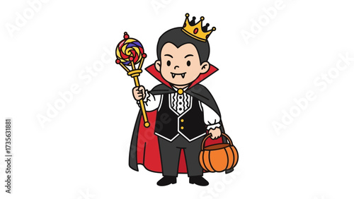 Cute Vampire: A delightful illustration of a cartoonish vampire, adorned with a cape and crown, clutching a whimsical lollipop staff and a carved pumpkin bucket.