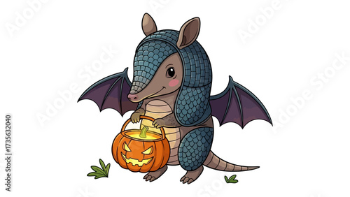 Armadillo's Halloween Pumpkin Adventure: A cheerful armadillo dressed in Halloween attire, carrying a glowing pumpkin basket, epitomizes the essence of the spooky holiday season.