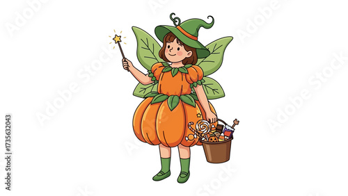 Halloween Fairy with Magical Charm: A whimsical illustration features a young fairy, adorned in a pumpkin-themed costume, conjuring enchanting magic with her wand.