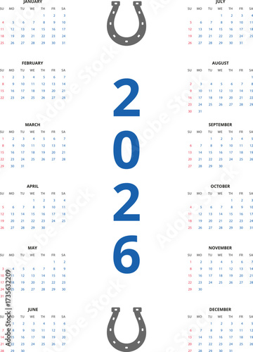 2026 Calendar template. Calendar 2026 - 12 months yearly calendar in year 2026 - planner calendar. Vector illustration for print, web, mobile app on transparent background