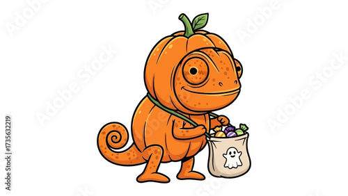 Halloween Chameleon Illustration: A whimsical illustration showcases a chameleon donned in a pumpkin costume, clutching a bag of treats, embodying the spirit of Halloween.