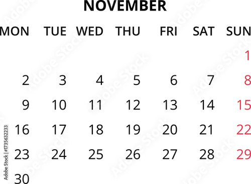 Monthly calendar January, February, March, April, May, June, July, August, September, October, November, December 2026 Vector illustration for print, web, mobile app on transparent background