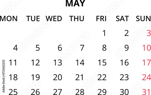 Monthly calendar January, February, March, April, May, June, July, August, September, October, November, December 2026 Vector illustration for print, web, mobile app on transparent background