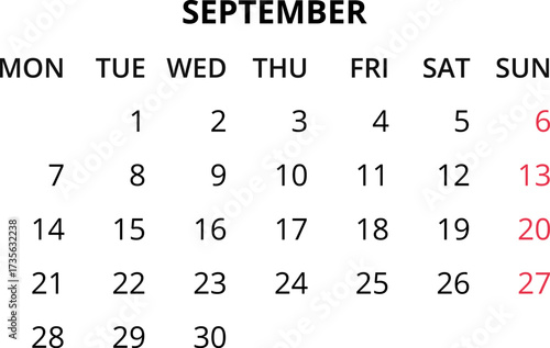 Monthly calendar January, February, March, April, May, June, July, August, September, October, November, December 2026 Vector illustration for print, web, mobile app on transparent background