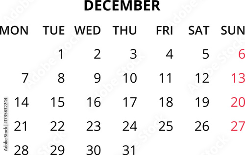 Monthly calendar January, February, March, April, May, June, July, August, September, October, November, December 2026 Vector illustration for print, web, mobile app on transparent background